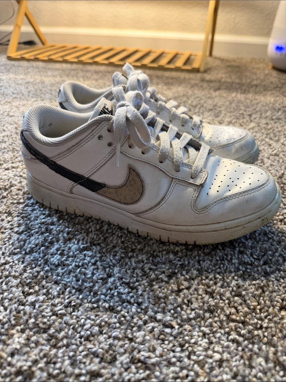 Nike Women’s White Sneakers with Beige and Black Cheetah Swoosh